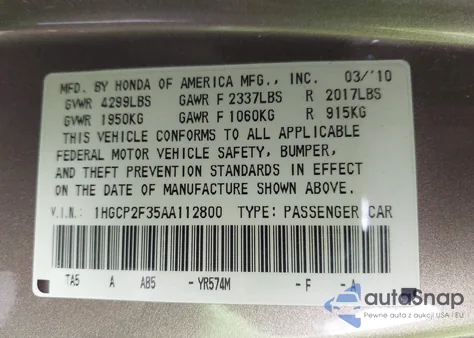 2010 Honda Accord 2.4 Lx z USA, uszkodzony, nr VIN 1HGCP2F35AA112800